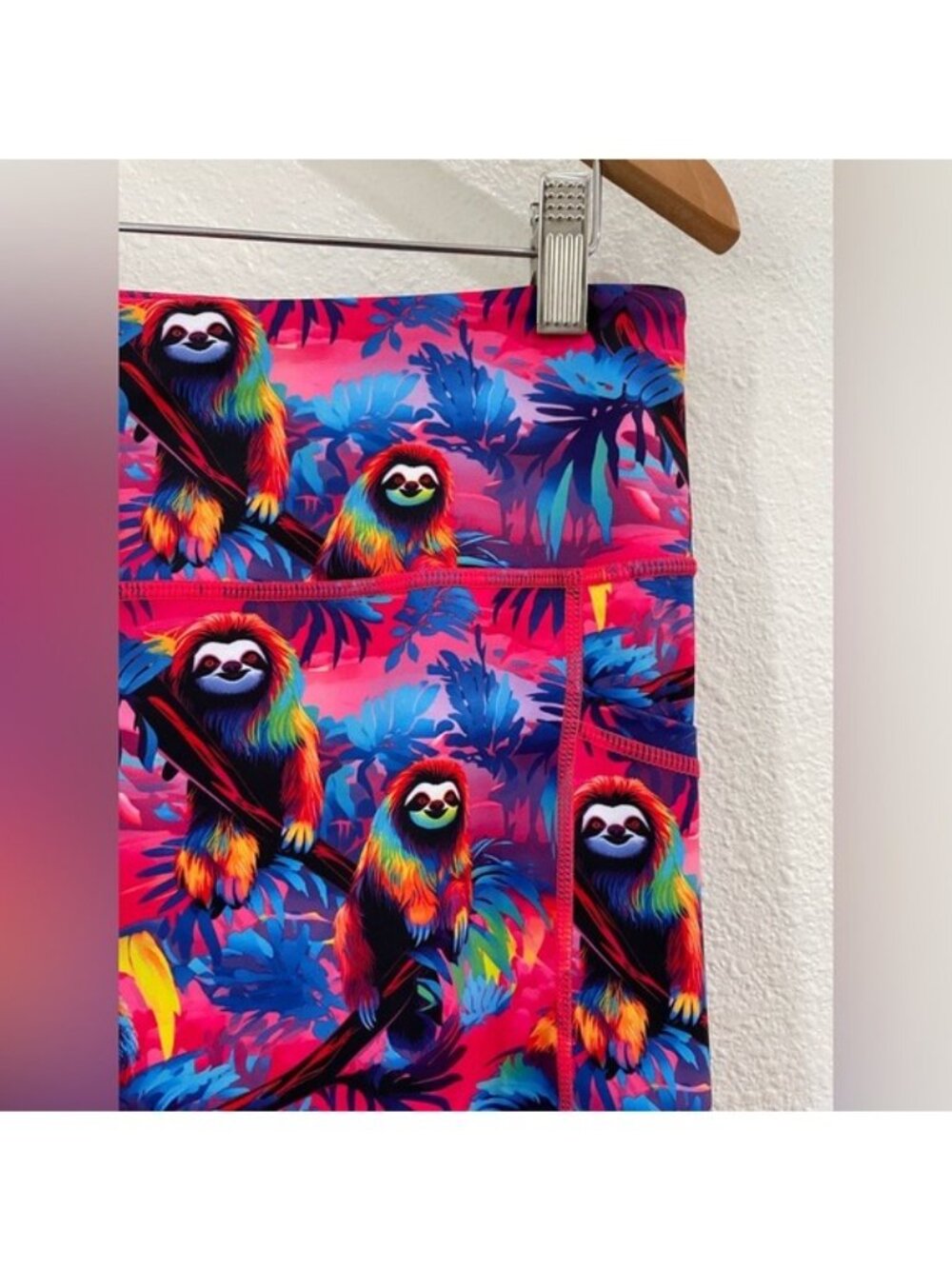 CVG Athletic Sloth Colorful Leggings Cropped Workout Lisa Frank Inspired Stretch - Picture 2 of 6